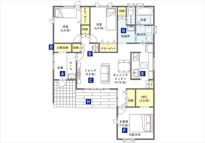 3LDK平屋の間取り図。土間収納、スタディスペース、ウォークインクローゼット、リビングからつながるウッドデッキ付き。
