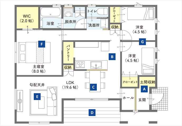 3LDK平屋の間取り図。19.6帖のLDK（勾配天井）、8帖の主寝室（WIC付）、4.5帖の洋室2室。