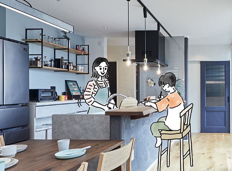 会話も弾むキッチン前の勉強カウンター