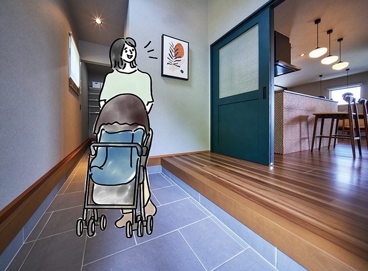 吹抜けの開放感と土間収納のある玄関