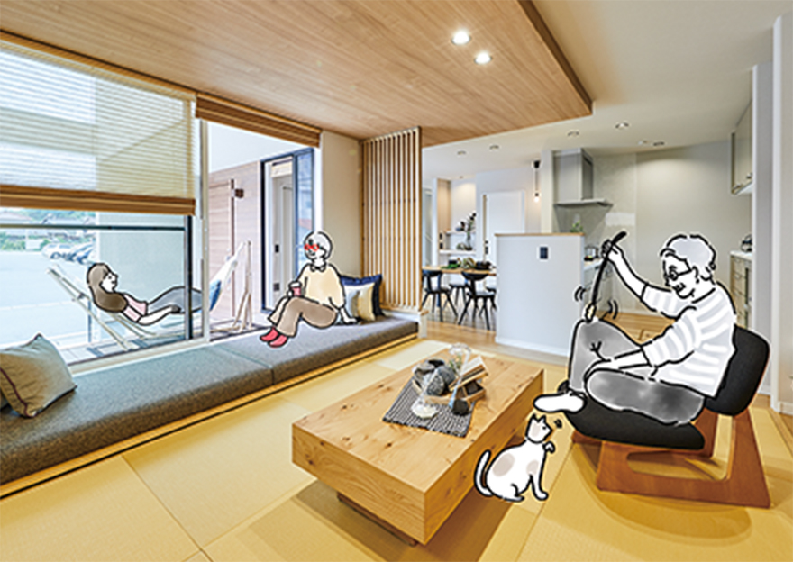 50代～60代の夫婦と30代の娘、猫の四人家族。